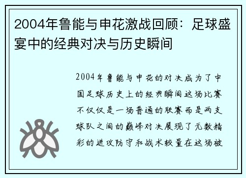 2004年鲁能与申花激战回顾：足球盛宴中的经典对决与历史瞬间