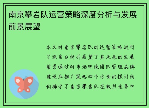 南京攀岩队运营策略深度分析与发展前景展望