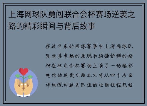 上海网球队勇闯联合会杯赛场逆袭之路的精彩瞬间与背后故事
