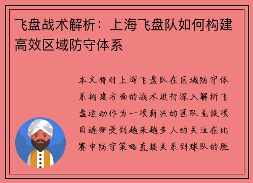 飞盘战术解析:上海飞盘队如何构建高效区域防守体系