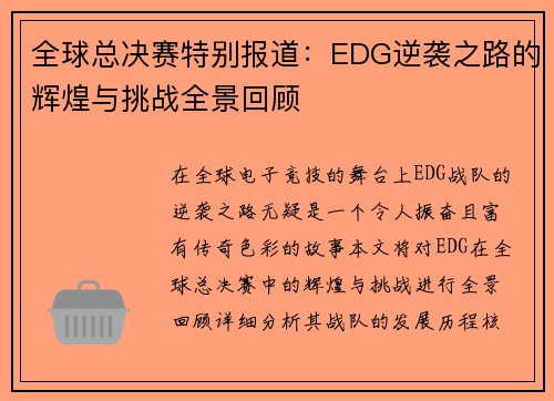 全球总决赛特别报道:EDG逆袭之路的辉煌与挑战全景回顾